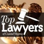 CoVa Top Lawyers of Coastal Virginia Logo in front of a statue of lady justice