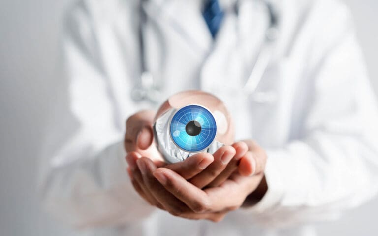 Digital vision eye care concept. Doctor using technology for eye test vision, checking eyesight, Eye clinic appointment.