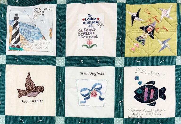 FABRIC OF LIFE. At LifeNet Health’s Virginia Beach headquarters, tribute quilts like this one, heartfelt letters and photographs celebrate the generosity of donors and the gratitude of recipients.